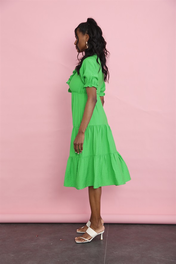 Yeşil Beli Lastikli Fırfırlı Elbise 4255