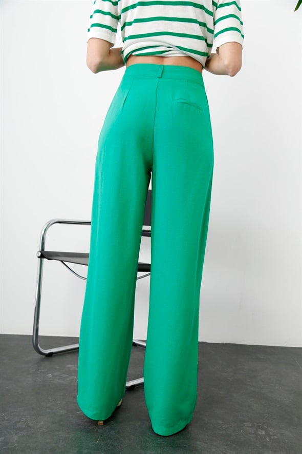 Yeşil Geniş Paça Keten Pantolon 0124