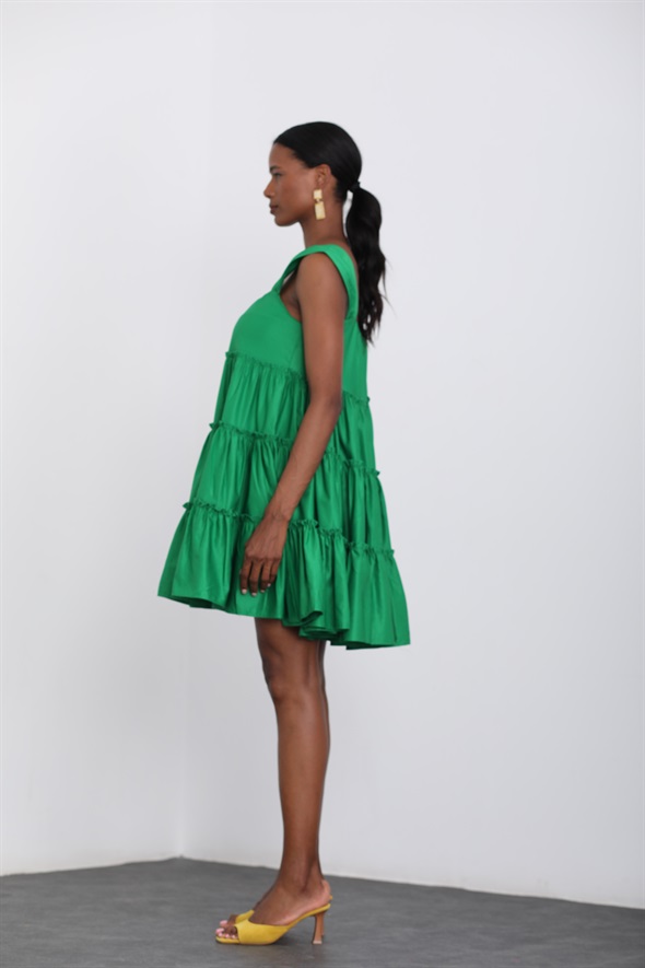 Yeşil Kalın Askılı Fırfırlı Elbise 285175