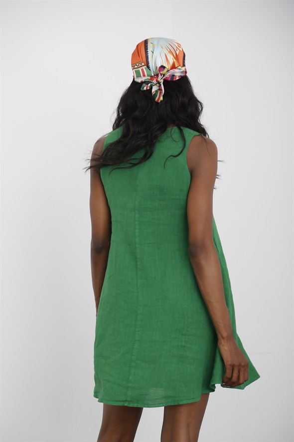 Yeşil Kolsuz Keten Elbise 4265