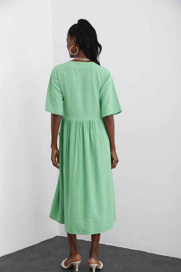 Yeşil V Yaka Cepli Elbise 10077