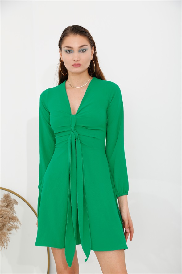 Yeşil V Yaka Kuşaklı Elbise 0112