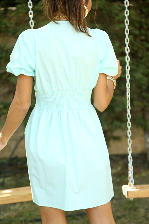 Turkuaz Balon Kol Mini Elbise 036