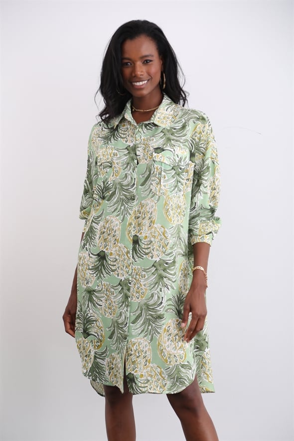 Yeşil Ananas Desen Gömlek Elbise 69041