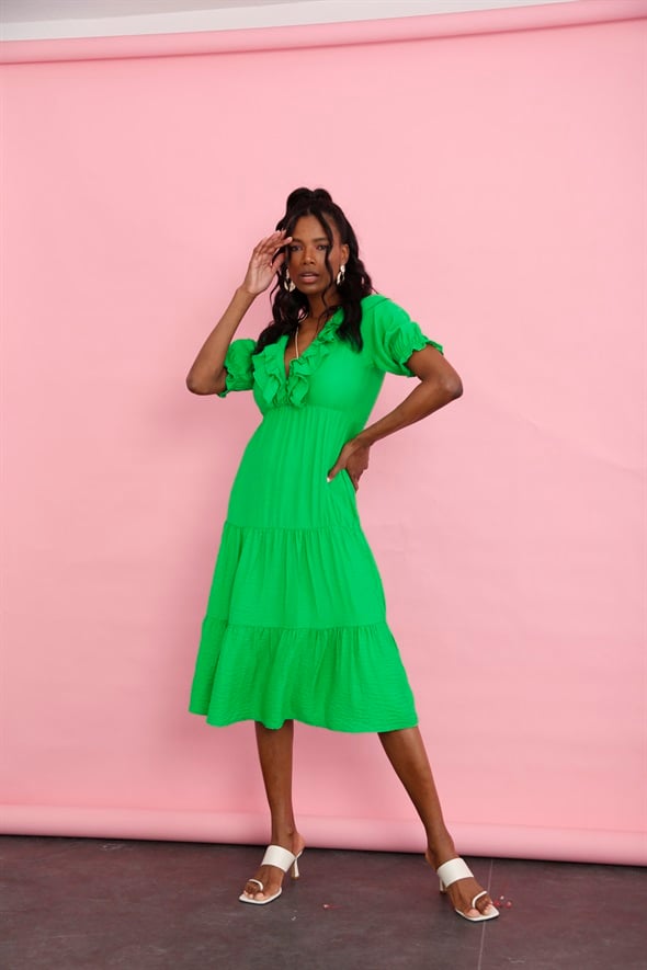 Yeşil Beli Lastikli Fırfırlı Elbise 4255