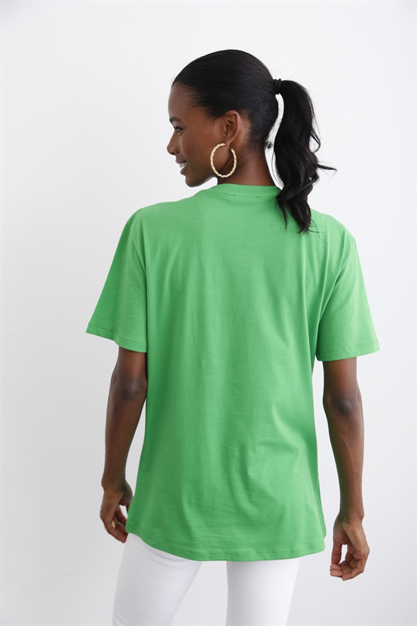 Yeşil Bisiklet Yaka Baskılı Tshirt 14010