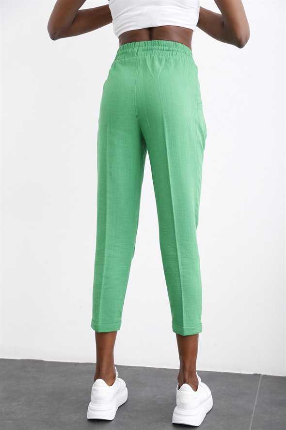 Yeşil Duble Paça Keten Pantolon 3565