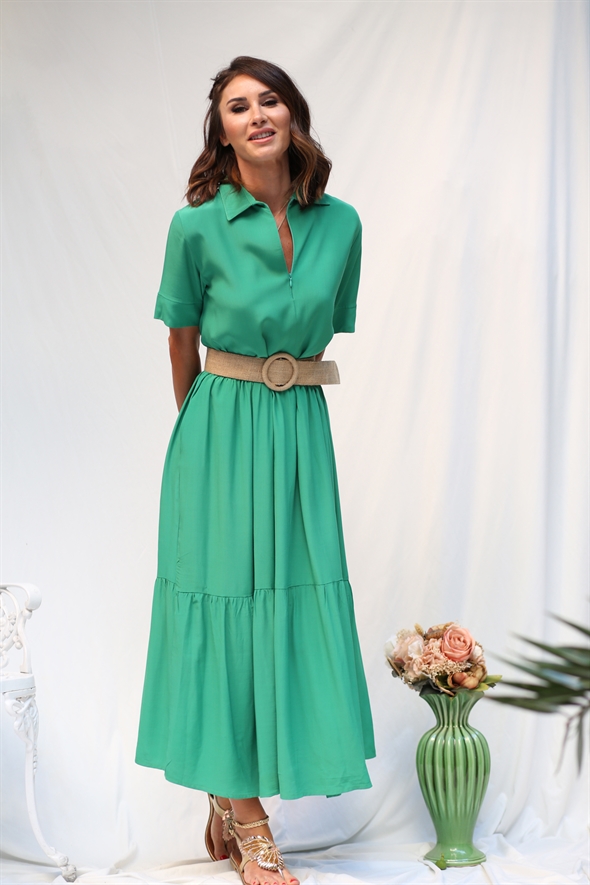 Yeşil Fermuarlı Oversize Krep Elbise 2011