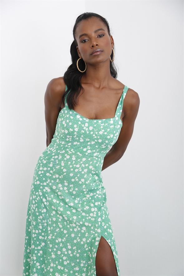 Yeşil Kalın Askılı Desenli Elbise 3183