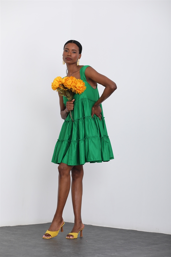 Yeşil Kalın Askılı Fırfırlı Elbise 285175