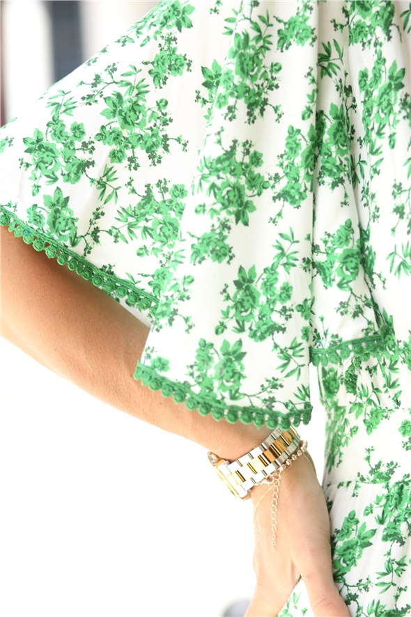Yeşil Kolu Volanlı Kruvaze Elbise 6244