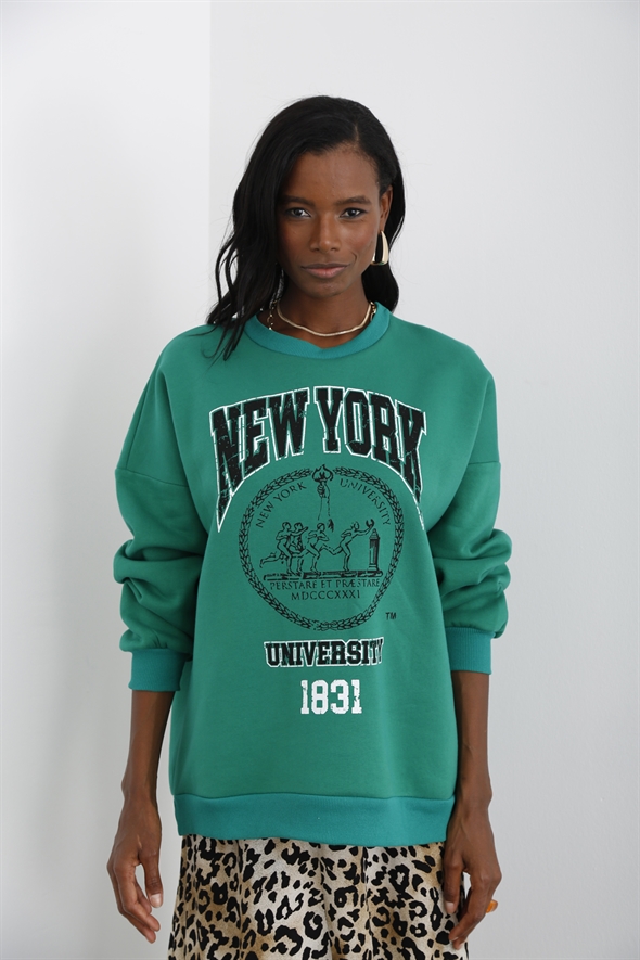 Yeşil New York Baskılı Şardonlu Sweatshirt 3045