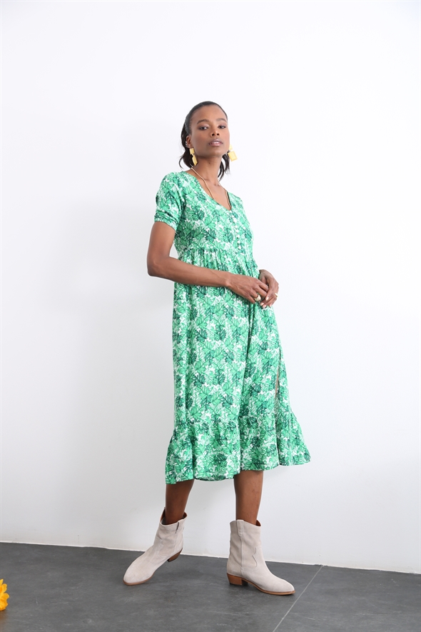 Yeşil Önü Düğmeli Yırtmaçlı Elbise 3425