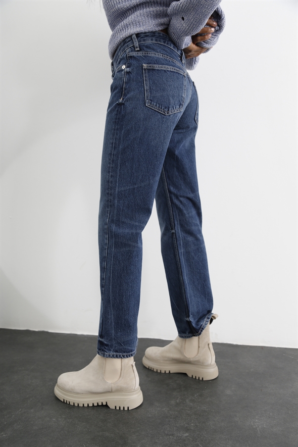 Yıkamalı Mavi Orta Bel Straight Fit Jean 