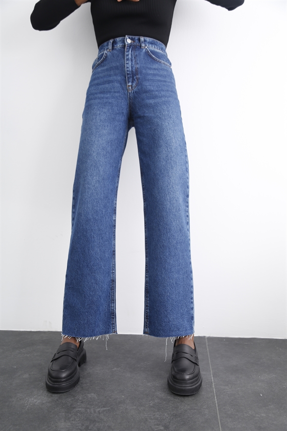 Yıkamalı Mavi Yüksek Bel Wide Leg Jean-1 21393
