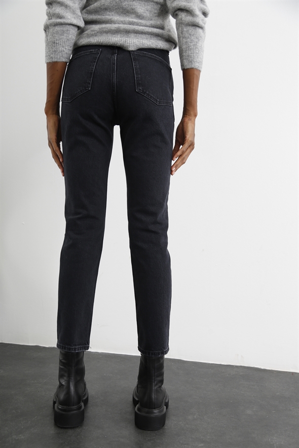 Yıkamalı Siyah Yüksek Bel Yırtıklı Slim Fit Jean 